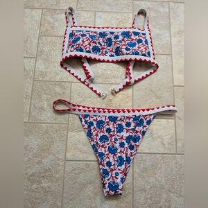 Floral Bandeau Bikini Set - Red and Blue
